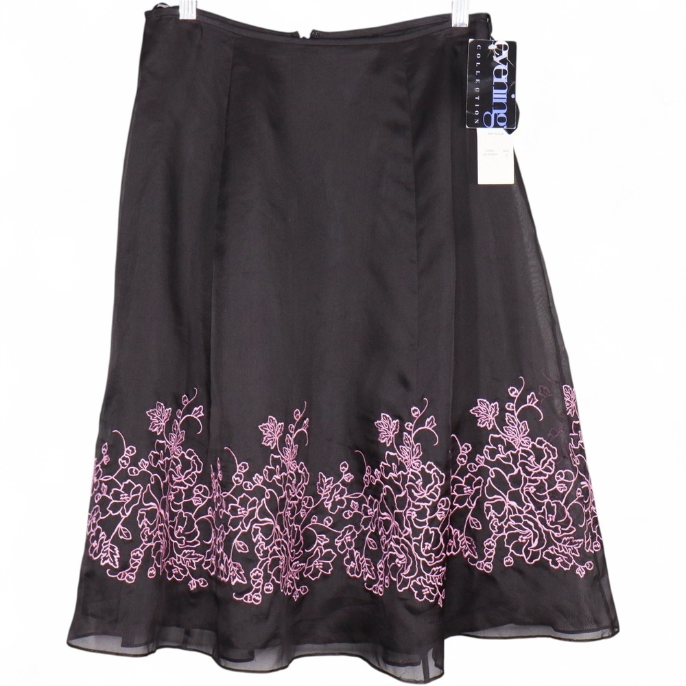 Adrianna Papell Occasions Vintage Black Silk Embroidered A-Line Midi Skirt Sz 6
